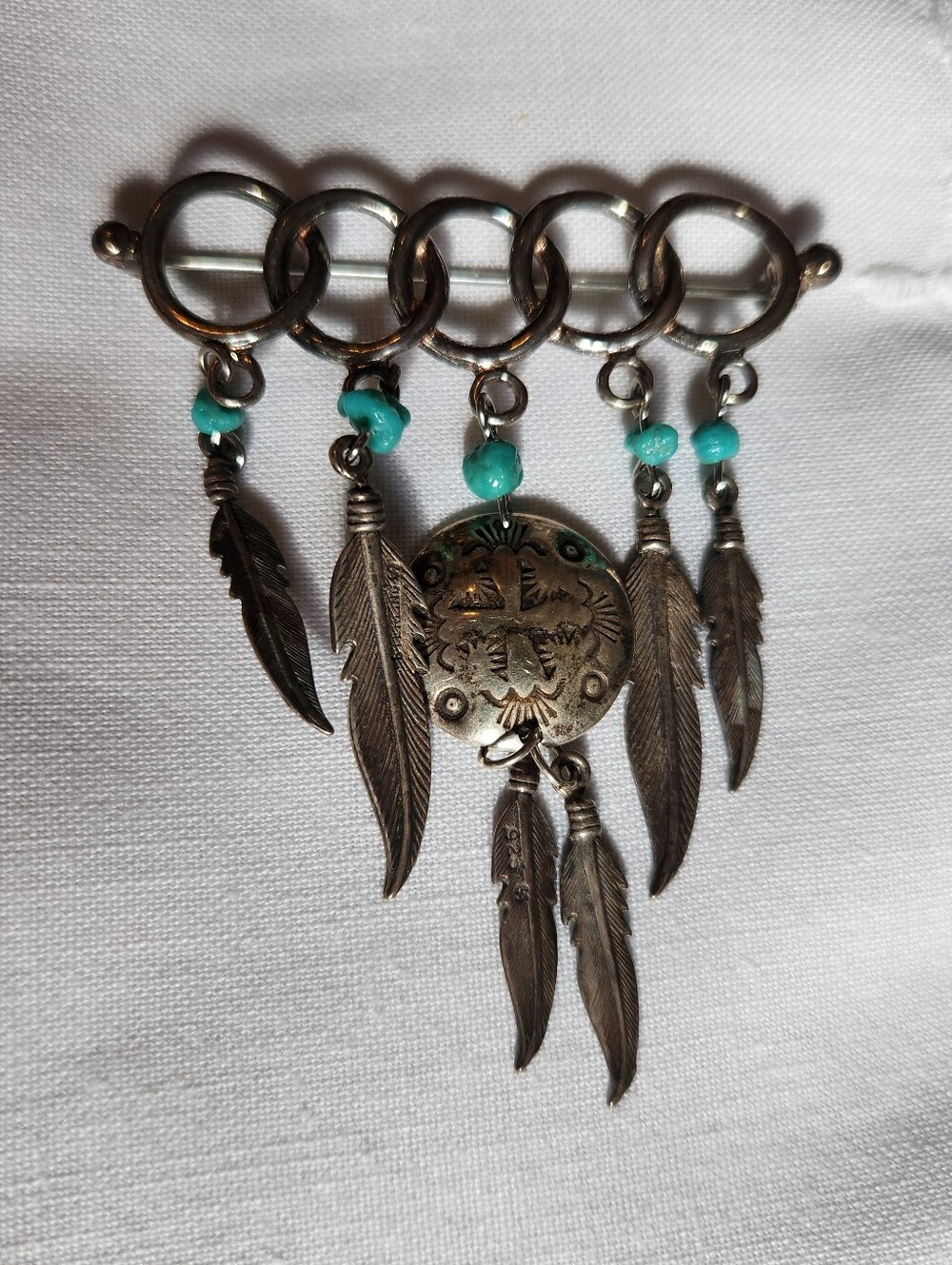 Vintage Native American Navajo Circle Brooch Pin w/ Feathers Turquoise Sterling